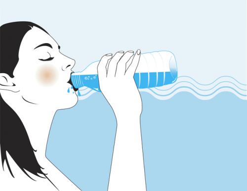 Illustration of a woman drinking water against ocean waves